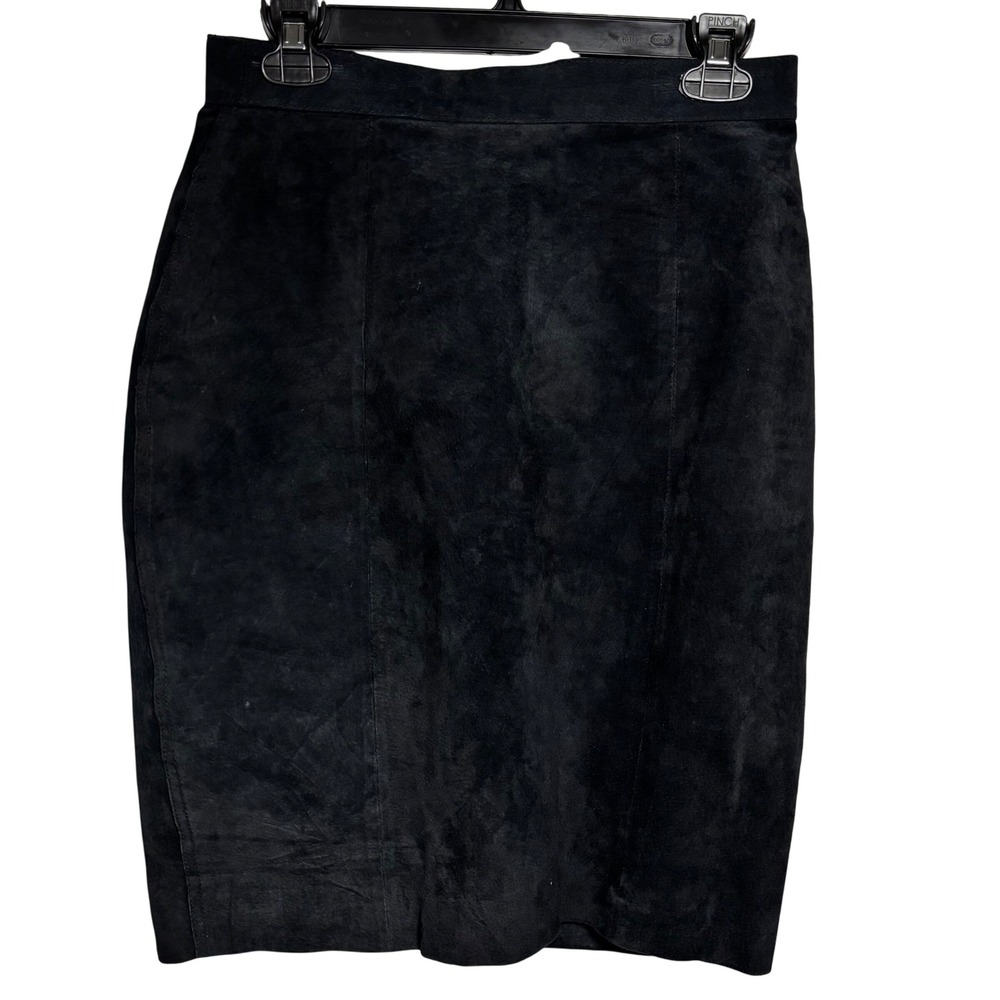 Y2K Vintage Gianni Black Suede Leather Pencil Skirt Button Midi Sz Small Classic